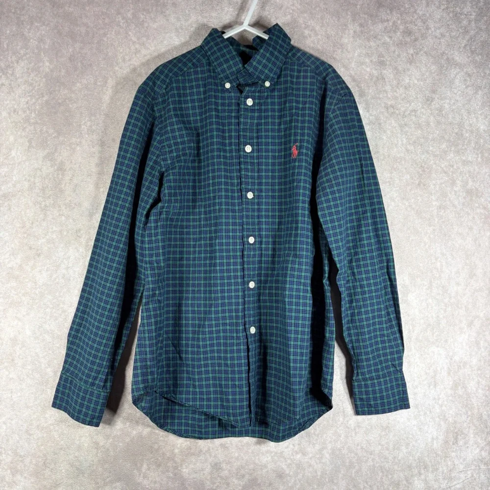 Ralph Lauren Button Down Shirt Boys M 10-12 Green‎ Blue Plaid Long Sleeve Preppy